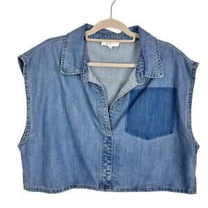 Marble Patch Pocket Reworked Chambray Denim Sleeveless Crop Top Sz XL